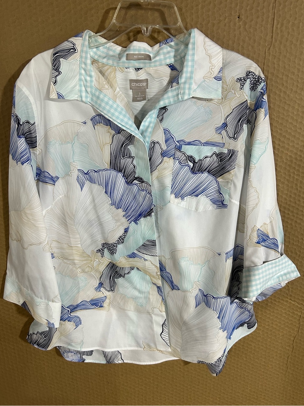 Chico's White Button-Down Shirt with Blue and Aqua Floral Print